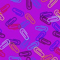 Pattern, bright purple background, many multi-colored lying paper clips