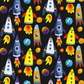 Pattern with bright rockets, space print. For children's textiles