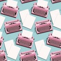 A pattern with bright typewriters and retro-style sheets of paper. Pink typewriter on a blue background