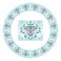 Pattern brush element and round frame with ornamental sacred cow face. Bull head on floral patterned border