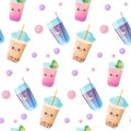 pattern of bubble tea and tapioca in a kawaii Royalty Free Stock Photo