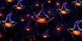 pattern with bubbling cauldrons, potion bottles, and witch& x27;s hats, all set against a dark, starry background. Royalty Free Stock Photo