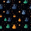 pattern with bubbling cauldrons, potion bottles, and witch's hats, all set against a dark, starry background. Royalty Free Stock Photo
