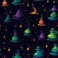 pattern with bubbling cauldrons, potion bottles, and witch& x27;s hats, all set against a dark, starry background. Royalty Free Stock Photo