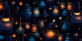 pattern with bubbling cauldrons, potion bottles, and witch& x27;s hats, all set against a dark, starry background. Royalty Free Stock Photo