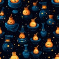 pattern with bubbling cauldrons, potion bottles, and witch& x27;s hats, all set against a dark, starry background. Royalty Free Stock Photo