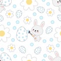 Pattern of bunnies coloring an egg, blue dots, flowers and small eggs.