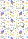 pattern with bunny, little yellow chickens in different poses, easter eggs, basket, lettering and branch with leaves Royalty Free Stock Photo