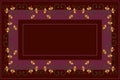 Pattern of burgundy shades tablecloth with embroidered curlicues and branches, with orange flowers and curved leaves