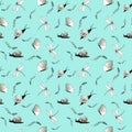 Pattern with butterflies, dragonflies, snails and leaves on a colored background