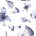 Pattern of butterflies and flowers of blue, Seamless Royalty Free Stock Photo