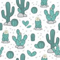 Seamless vector pattern with hand drawn doodle cactuses and succulents. Mexican ornament with spiny cacti