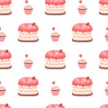 Pattern cake and cupcake with jam decorated for Valentine`s day. Cute hand drawn background.