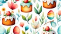 Pattern of cakes and flowers with a red cherry on top Royalty Free Stock Photo