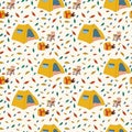 Pattern with a camping tent. Cartoon autumn background for relaxing in the forest. Camping, traveling, hiking with a