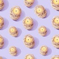 A pattern of candles in a wicker basket is displayed on a purple background Royalty Free Stock Photo