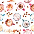 Pattern coffe tea candy painted watercolor. Donuts, macaroon, coffee. seamless pattern food Royalty Free Stock Photo