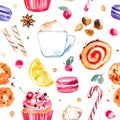 Pattern coffe tea candy painted watercolor. Donuts, macaroon, coffee. seamless pattern food Royalty Free Stock Photo