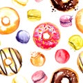 Pattern coffe tea candy painted watercolor. Donuts, macaroon, coffee. seamless pattern food Royalty Free Stock Photo