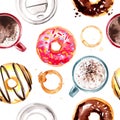 Pattern coffe tea candy painted watercolor. Donuts, macaroon, coffee. seamless pattern food Royalty Free Stock Photo