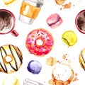 Pattern coffe tea candy painted watercolor. Donuts, macaroon, coffee. seamless pattern food Royalty Free Stock Photo