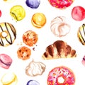 Pattern coffe tea candy painted watercolor. Donuts, macaroon, coffee. seamless pattern food