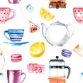 Pattern coffe tea candy painted watercolor. Donuts, macaroon, coffee. seamless pattern food