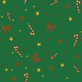 Pattern of candy, red bow, golden peas. Bright stars. New Year\'s holiday