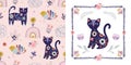Floral seamless pattern and card design with cats, rainbows and birds, folk style Royalty Free Stock Photo