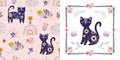 Floral seamless pattern and card design with cats, rainbows and birds, folk style Royalty Free Stock Photo