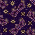 Pattern with carnival purple mask, golden stars, round halftone shapes behind Royalty Free Stock Photo