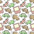 Pattern of cars and buses. Public and personal transport. Sedan, truck, car. Simple drawing for children. Color image