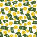 A pattern of cartoon abstract American banknotes and dimes. A rain of green money with five and gold coins falling from Royalty Free Stock Photo