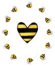 Pattern of cartoon bees and a large striped heart. Flying yellow bees.