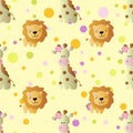 Pattern with cartoon cute baby giraffe and lion Royalty Free Stock Photo