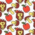 Pattern with cartoon hedgehog, apples, mushrooms in autumn style. Vector image of seamless pattern, endless pattern