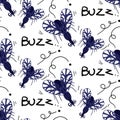 A pattern with cartoon insect mosquitoes on a white background. Blue insects fly and buzz. Cartoon cute, funny, small