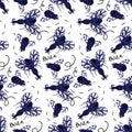 A pattern with cartoon insects, mosquitoes and midges on a white background. Blue insects fly and buzz. Cute, funny Royalty Free Stock Photo