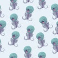 Pattern of cartoon monsters illustration sprite flat style. Happy and funny sea octopus monster swimming and looking on light blue