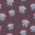 Pattern of cartoon monsters illustration sprite flat style. Happy and funny sea octopus monster swimming and looking . Vector