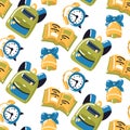 A pattern with cartoon school supplies and creative elements. We're going back to school. Briefcase, book, alarm Royalty Free Stock Photo