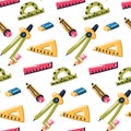 A pattern with cartoon school supplies for mathematics and geometry. We're going back to school. Eraser, compass Royalty Free Stock Photo