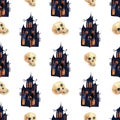 Pattern of a castle for halloween. castle with orange light inside and skulls. watercolor illustration. Seamless watercolor