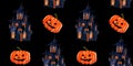 Pattern of a castle for halloween. castle with orange light inside and pumpkins on black background. watercolor illustration.