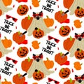 A pattern of a cat in a Halloween sheet with a dead pumpkin and bloody glasses on a white background. A black cat with