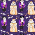 Pattern of a cat and a kitty in retro costumes for the ball. The outfits of the queen and the courtier of the 19th