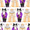 Pattern of a cat and a kitty in retro costumes for the ball. The outfits of the Queen and the messenger of the 19th