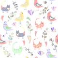 Pattern of cats, birds, leaves and hearts, colored hearts
