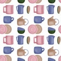Pattern with ceramic dishes: cups, teapots, saucers.