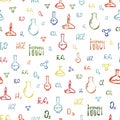 Seamless pattern with chemical, biological, scientific, education and research elements flasks, formulas,chemical Royalty Free Stock Photo